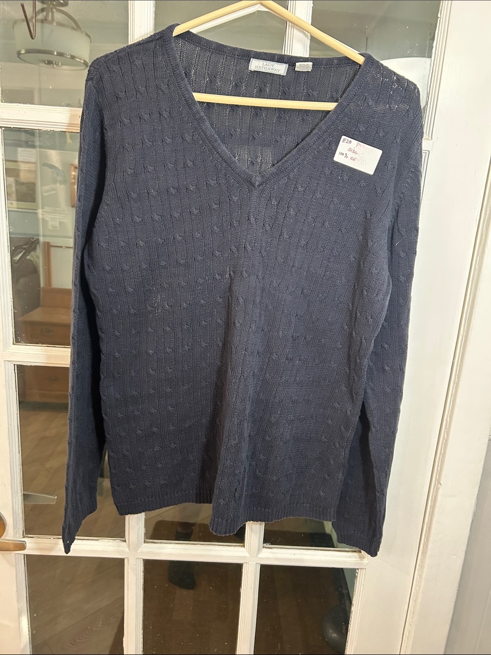 E20.   Classic V-Neck Cable Knit Sweater - Navy
